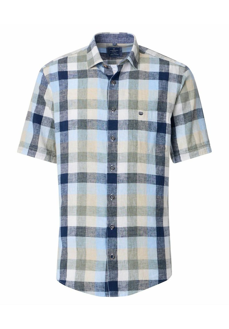 Koszula z krótkim rękawem zapinana na guziki w kratę w kolorze niebieskim, szarym i kremowym. Wykonana z tkaniny tkanej, z kołnierzykiem i kieszenią.