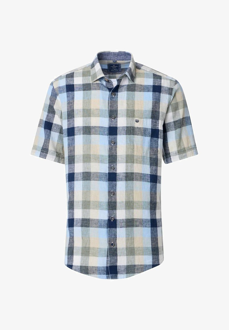 Koszula z krótkim rękawem zapinana na guziki w kratę w kolorze niebieskim, szarym i kremowym. Wykonana z tkaniny tkanej, z kołnierzykiem i kieszenią.