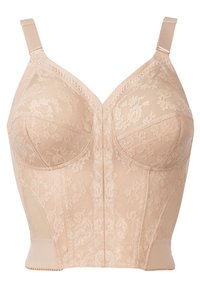 Beige bh met kanten buste en bloemenpatroon, met beugels, verstelbare schouderbandjes en een aansluitend torso ontwerp. Textuur zacht materiaal.