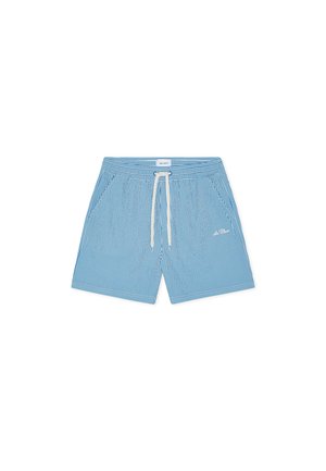 Blauwe en witte gestreepte zwemshorts met een tailleband met trekkoord en een klein merklogo aan de voorkant. Lichtgewicht stof met een gladde textuur.