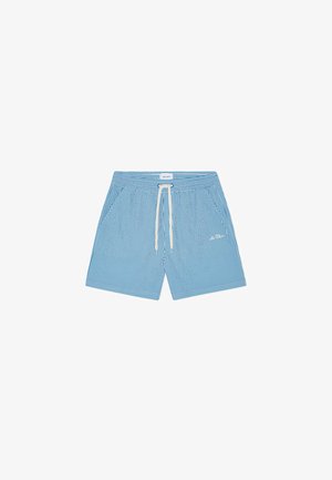 Blue and white striped swim trunks with a drawstring waistband and a small branded logo on the front. Lightweight fabric with a smooth texture.
