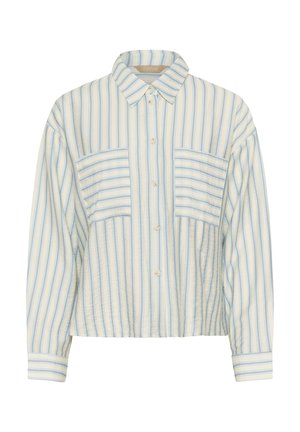 Chemise à rayures bleues claires et blanches, avec un col, deux poches poitrine et une fermeture à boutons sur le devant. Fabriquée dans un tissu texturé avec une coupe décontractée.
