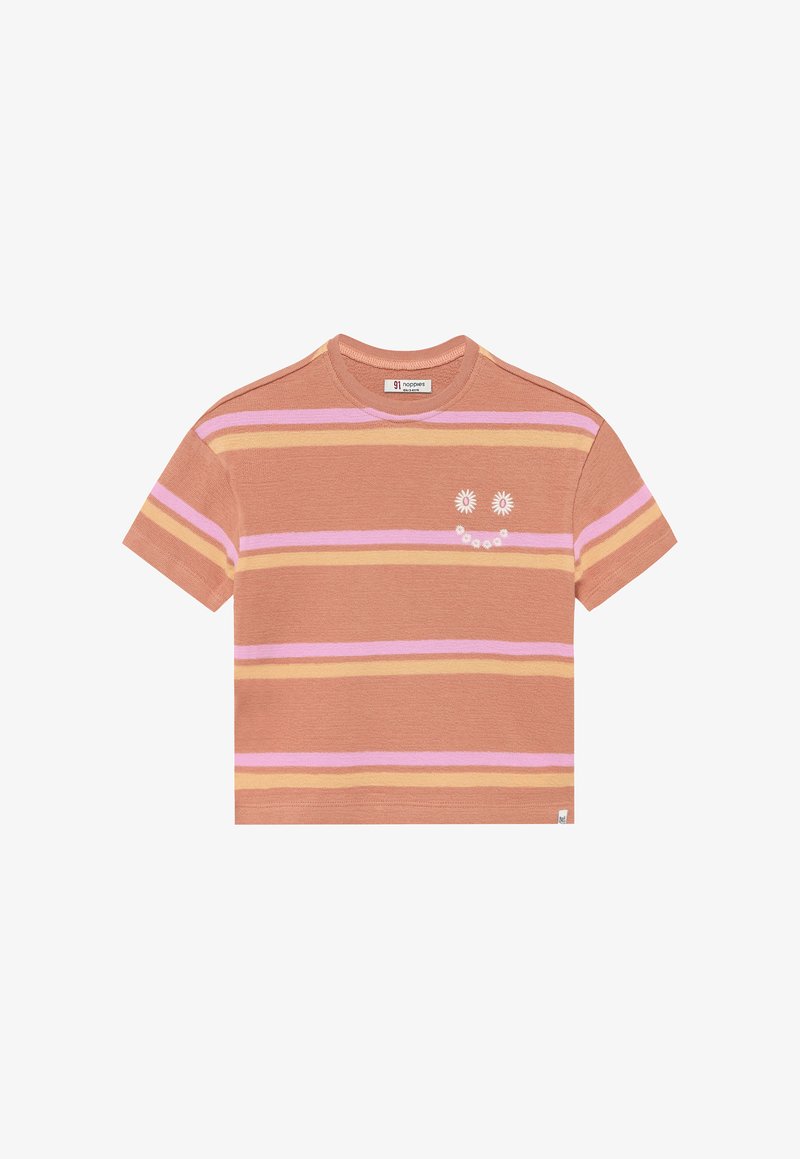 T-shirt manches courtes couleur terracotta avec des rayures rose, lavande et jaune. Présente un dessin de fleur souriante en blanc sur la poitrine.