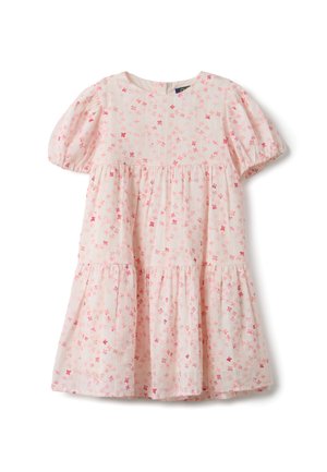 Robe rose pâle pour tout-petit avec manches ballon et jupe à volants, décorée de petites impressions florales roses dispersées.