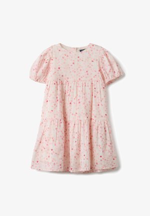 Hellrosa Kleinkinderkleid mit Puffärmeln und gestuftem Rock, verziert mit kleinen, verstreuten rosa Blumenmustern.