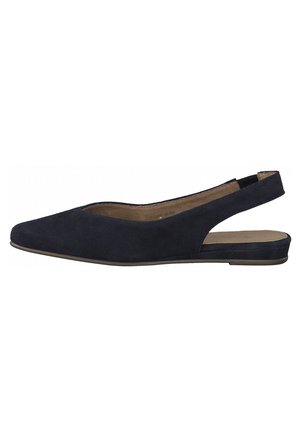 Mustasta mokkanahasta matalakorkoinen slingback-mallinen matalakantainen kärkiosalta terävä ja beige pohjallinen, sivukuva valkoisella taustalla.