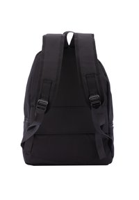 Zaino nero con spallacci regolabili, realizzato in tessuto resistente, caratterizzato da una superficie liscia e un design minimalista.