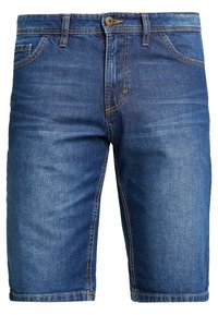 Denim shorts in medium blue wash with a regular fit, featuring five-pocket design, stitched detailing, and a button closure at the waistband.