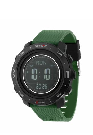 Orologio digitale da polso con quadrante rotondo nero, indicazioni della bussola sulla ghiera e cinturino verde testurizzato che mostra ora, data e giorno.