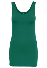 Débardeur vert en tissu lisse et extensible. Il présente un col rond et une silhouette ajustée, sans motifs ni matériel visible.