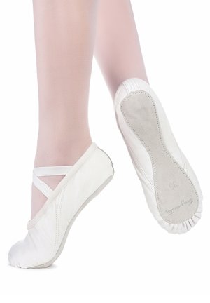 White ballet shoes with crossed elastic straps, soft leather upper, and suede sole, showing a slightly rounded toe and textured surface.
