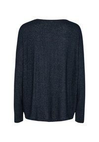 Dark blue long-sleeve top, lightweight, soft fabric, scoop neckline, relaxed fit, rounded hem, minimal texture, no visible patterns or accents.