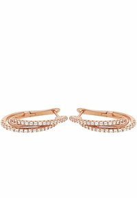 Orecchini in oro rosa con un design a spirale, con due cerchi intrecciati fiancheggiati da piccole pietre trasparenti lungo i bordi.