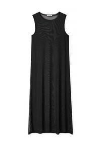 Mustahd black sleeveless maxi dress, joka on väljä malli. Valmistettu läpikuultavasta kankaasta, jossa on pyöreä kaula-aukko ja lattiapituinen malli.