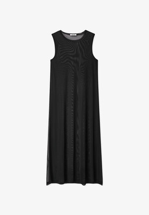 Schwarzes ärmelloses Maxikleid mit lockerem Schnitt. Hergestellt aus transparenter Stoff, mit rundem Ausschnitt und bodenlanger Passform.