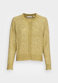 Light yellow knitted cardigan with round neckline, long sleeves, button-down front, and intricate lace-like patterns throughout.