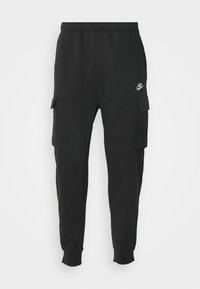 Černé cargo tepláky Nike s bočními kapsami, elastickým pasem, ribovanými manžetami a malým logem na levém stehně.