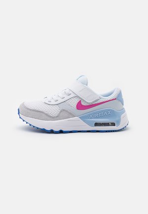 White mesh and gray suede sneakers with blue accents and a pink swoosh. Features a cushioned sole with visible air cushioning.
