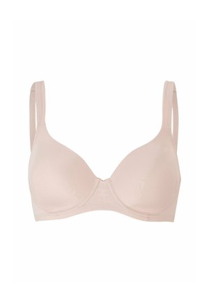 Lys pink polstret bh med justerbare stropper, slank kontur, glat tekstur og sømløst design. Ingen udsmykninger eller hardware synlig.