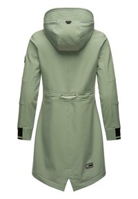 Cappotto verde fino al ginocchio con cappuccio, vita slanciata e dettagli neri sui polsini. Realizzato in tessuto liscio, con etichetta di marca.