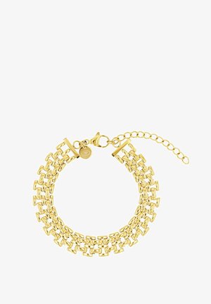 Drei-Strang Goldkettchen-Armband mit rechteckigen Gliedern, Karabinerverschluss, Verlängerungskettchen und kleinem runden Anhänger nahe dem Verschluss.