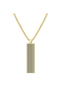 Goldkette mit rechteckigem Anhänger, der vertikale schwarze und goldene Streifen aufweist. Der Anhänger hat eine glatte Oberfläche und ein minimalistisches Design.