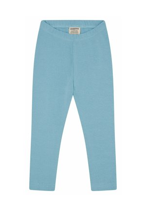 Hellblaue Leggings aus dehnbarem Baumwollstoff, mit einem weichen Bund und glatter Textur, entworfen für Komfort und Bewegungsfreiheit.