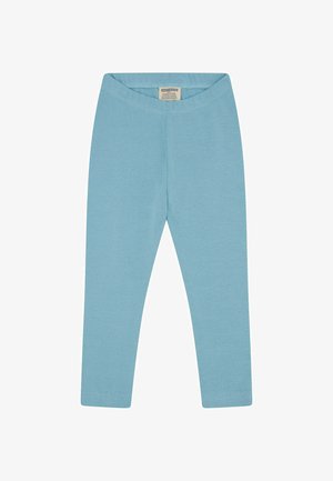 Lichtblauwe leggings van rekbaar katoen, met een zachte tailleband en een gladde textuur, ontworpen voor comfort en bewegingsgemak.
