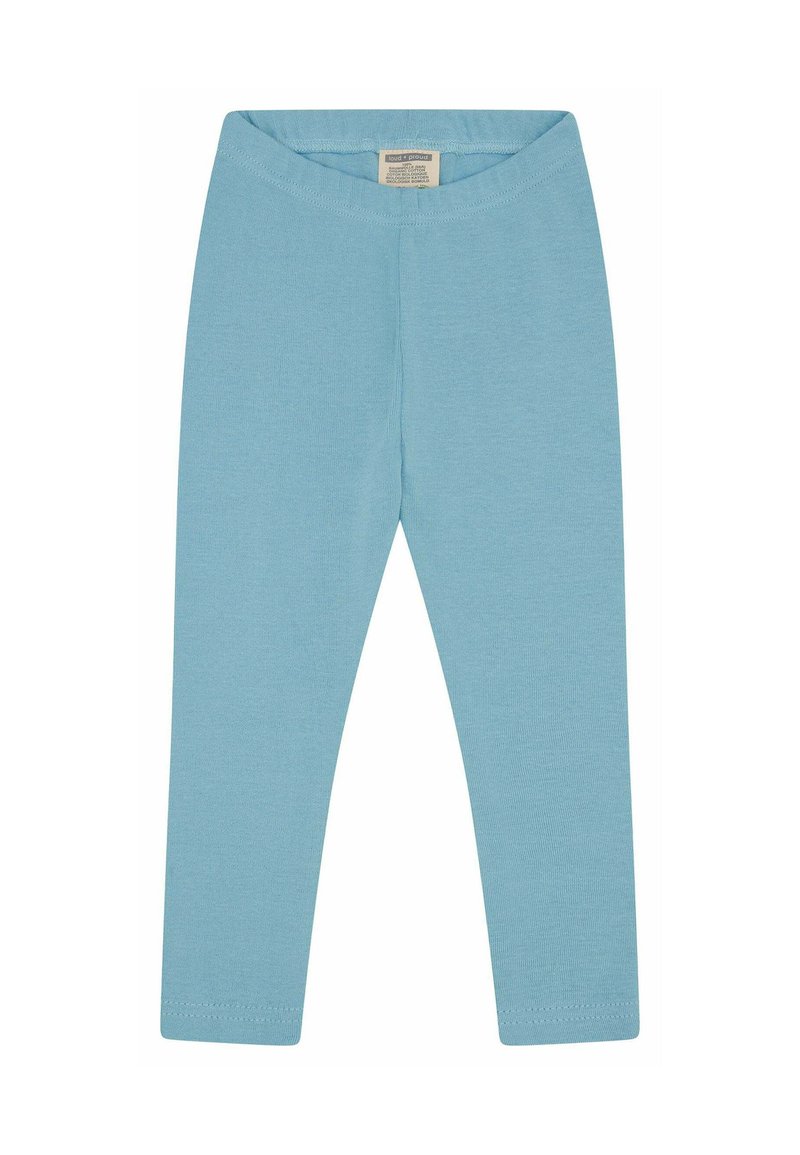 Lichtblauwe leggings van rekbaar katoen, met een zachte tailleband en een gladde textuur, ontworpen voor comfort en bewegingsgemak.
