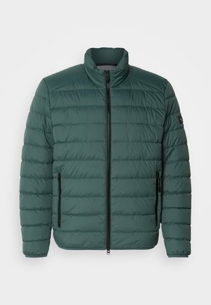 Grüne Pufferjacke mit horizontalen Nähten, hohem Kragen, durchgehendem Reißverschluss vorne und zwei seitlichen Reißverschlusstaschen. Glatte Textur ohne Muster.