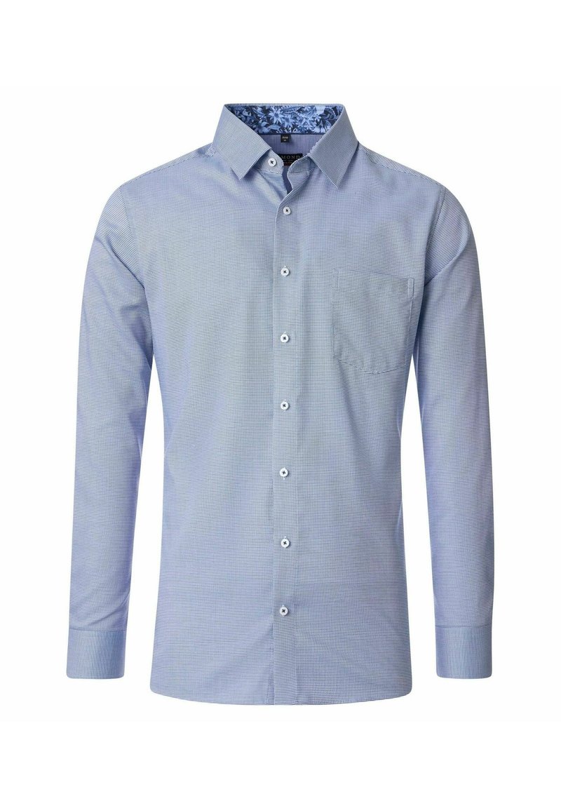 Lichtblauw langarmshirt met een geruit patroon, borstzak en bloemenprint kraagvoering; heeft witte knopen en een gladde textuur.