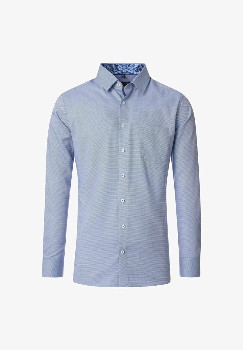 Lichtblauw langarmshirt met een geruit patroon, borstzak en bloemenprint kraagvoering; heeft witte knopen en een gladde textuur.