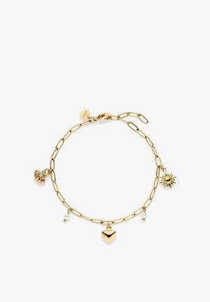 Goldenes Armband mit Paperclip-Gliedern, mit Anhängern: eine Sonne, ein Herz und eine Muschel mit einem Strassstein, plus einem kleinen Perlenakzent.