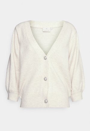 Gebroken-witte cardigan met een diepe V-hals, pofmouwen en vier getextureerde knopen. Gemaakt van zachte stof met een licht geribbelde zoom.