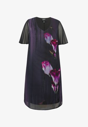 Short-sleeve dress in dark purple with a floral pattern featuring pink and white roses. Made of lightweight, sheer fabric with a v-neckline.