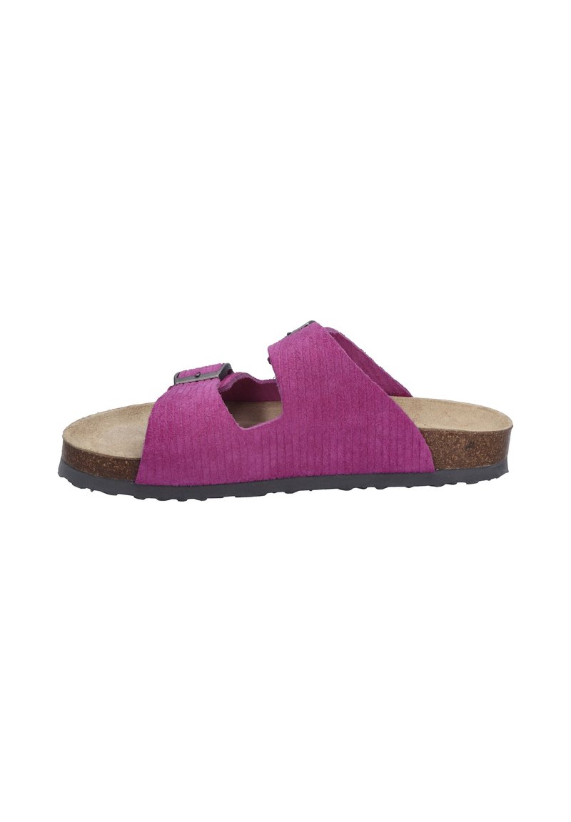 Paarse corduroy slide-sandalen met uitsparingen en een enkele verstelbare band, kurken voetbed en een gestructureerde zwarte rubberen zool.