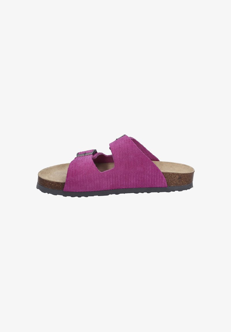 Paarse corduroy slide-sandalen met uitsparingen en een enkele verstelbare band, kurken voetbed en een gestructureerde zwarte rubberen zool.