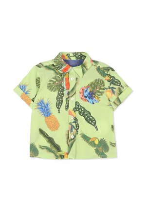 Jasnozielona koszula z krótkim rękawem na guziki z tropikalnym nadrukiem ananasów, liści i kolorowych tukani.