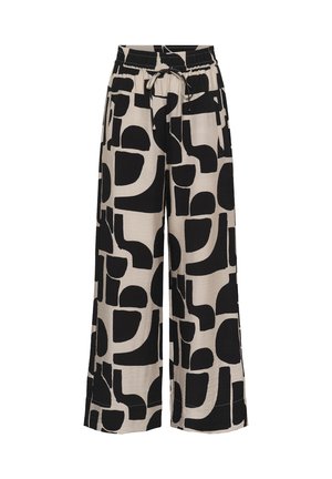 Beežid laiade säärega püksid mustade abstraktsete geomeetriliste kujunditega, elastse vöökohaga ja ees nööriga.