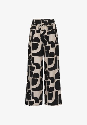 Beežid laiade säärega püksid mustade abstraktsete geomeetriliste kujunditega, elastse vöökohaga ja ees nööriga.