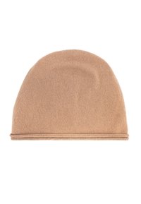 Beżowa czapka dzianinowa o miękkiej teksturze, dopasowanym kroju i subtelnym złożonym brzegiem. Gładkie wykończenie bez dodatkowych wzorów czy elementów metalowych.