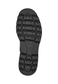 Suela de zapato de goma negra con surcos profundos, puntera curva y nombre de marca en relieve con tamaño 37. La superficie texturizada mejora el agarre.