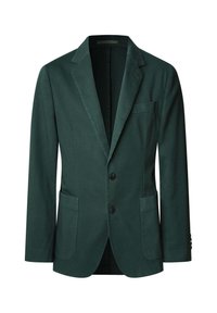 Blazer vert foncé en tissu léger, avec un col cranté, deux poches avant et une fermeture à deux boutons. Fini texturé.