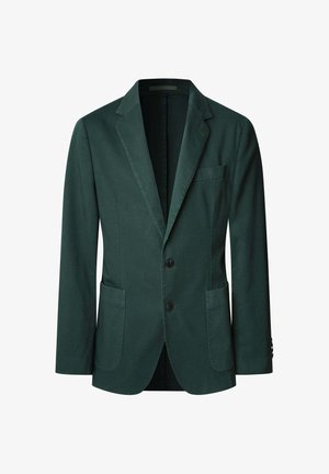 Ciemnozielona marynarka wykonana z lekkiego materiału, z klapami o prostokątnym kształcie, dwiema przednimi kieszeniami i zapięciem na dwa guziki. Tekstura wykończenia.