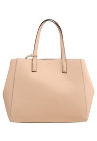 Sac tote en cuir beige DKNY avec deux poignées et détails de couture minimaux.