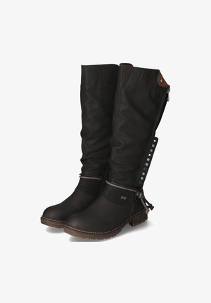 Black leather knee-high boots with a slouchy design, playful side lacing, metallic accents, and textured soles for grip.