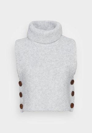 Gray ribbed turtleneck cropped sweater with a textured finish, featuring brown buttons on the left side for detail.