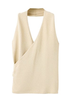 Gilet beige sans manches en maille style cache-cœur avec un profond décolleté en V et une texture simple et douce, présenté à plat sur fond blanc.