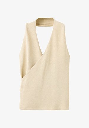 Gilet beige sans manches en maille style cache-cœur avec un profond décolleté en V et une texture simple et douce, présenté à plat sur fond blanc.
