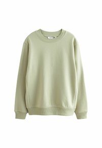 Felpa verde chiaro con collo a giro, maniche lunghe, polsini e orlo a costine. Realizzata in tessuto morbido, presenta un design semplice e privo di decorazioni.
